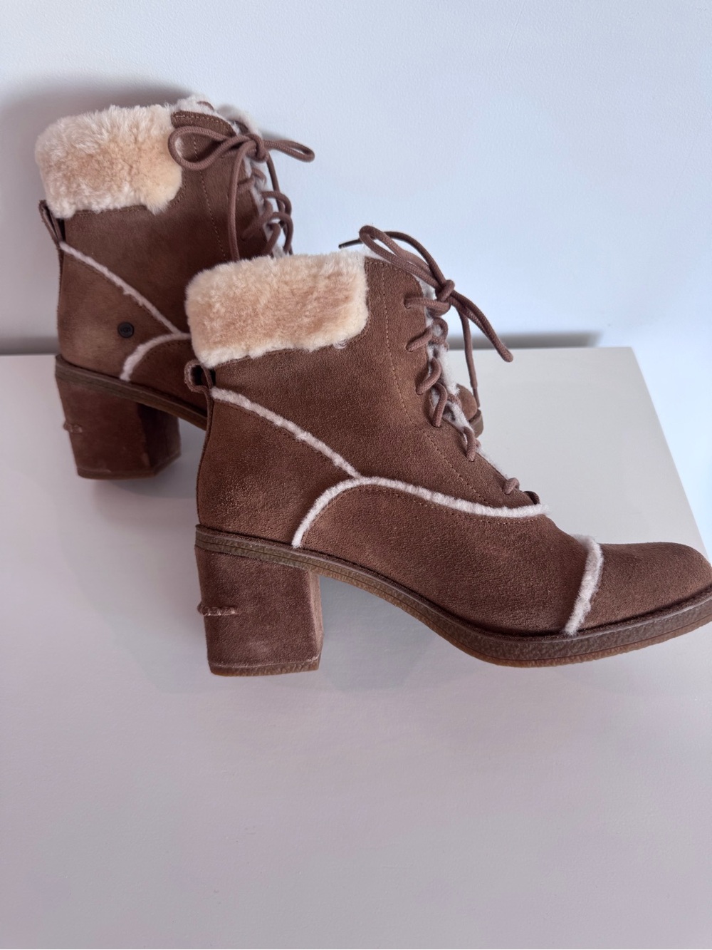 UGG Brown Suede Shearling Lace-Up Block Heel Ankle Boots